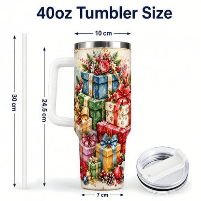 #pl[40oz|White] Christmas Presents 40oz Tumbler with Handle, Floral Holiday Drinkware