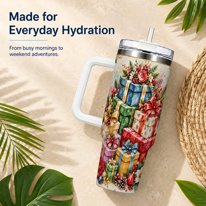 Christmas Presents 40oz Tumbler with Handle, Floral Holiday Drinkware