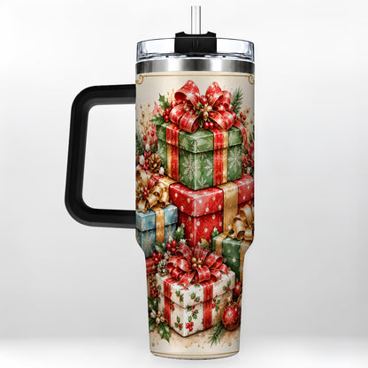 #pl[40oz|Black] Vintage Christmas Presents 40oz Tumbler with Handle, Holiday Drinkware
