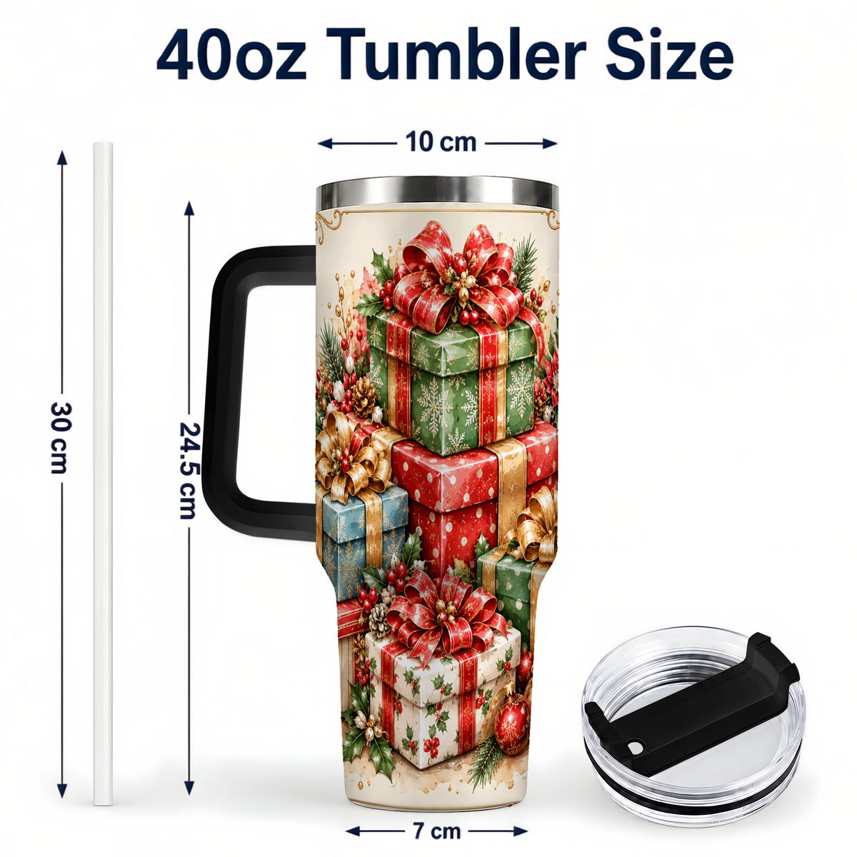 #pl[40oz|Black] Vintage Christmas Presents 40oz Tumbler with Handle, Holiday Drinkware