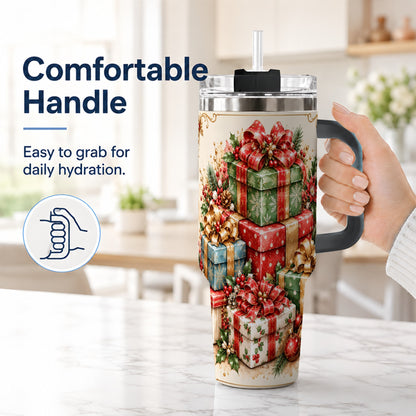 #pl[40oz|Black] Vintage Christmas Presents 40oz Tumbler with Handle, Holiday Drinkware
