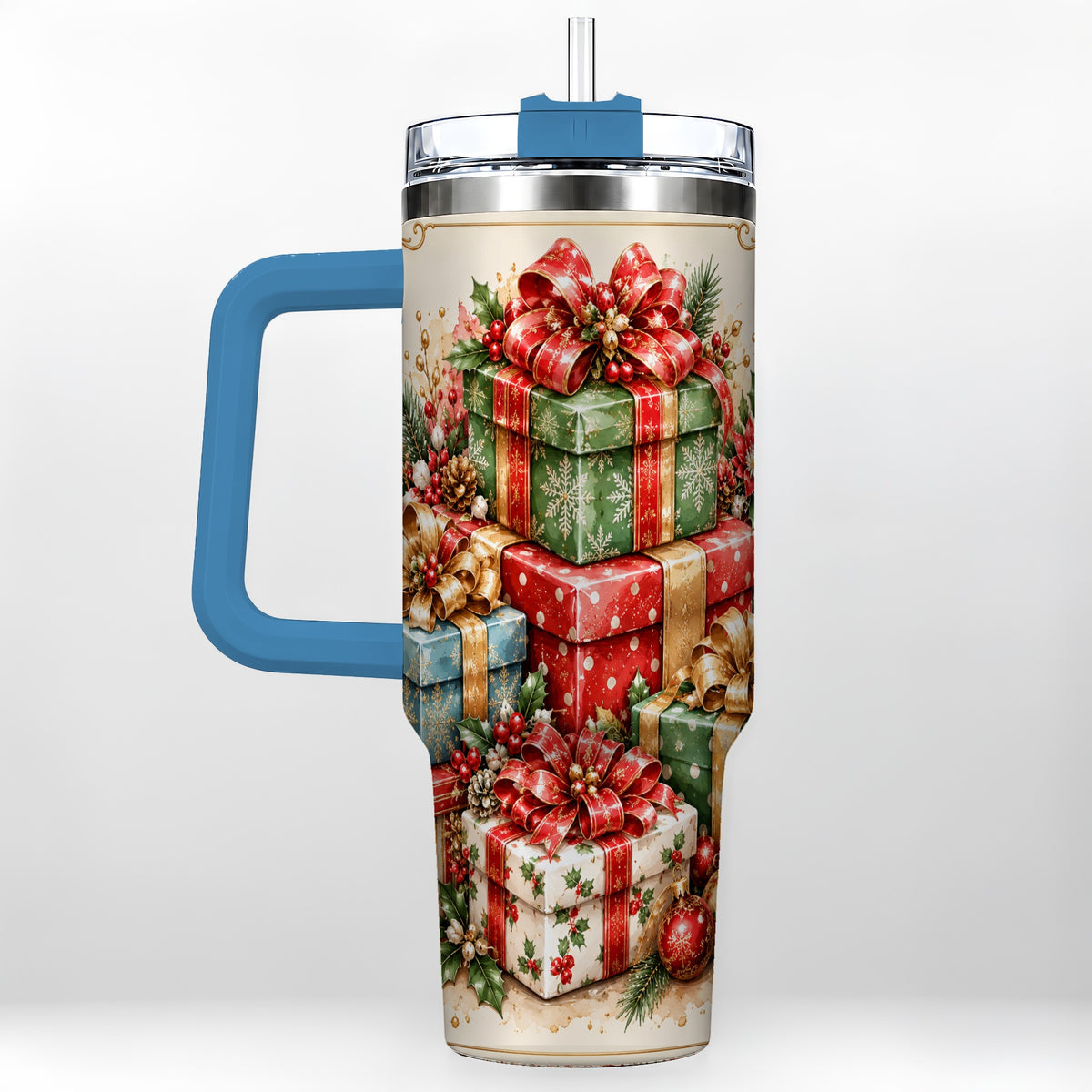 #pl[40oz|Blue] Vintage Christmas Presents 40oz Tumbler with Handle, Holiday Drinkware