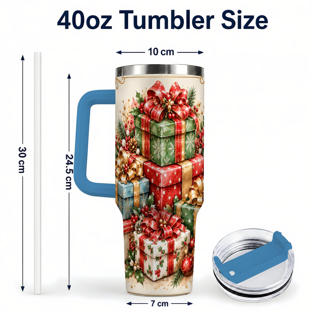 #pl[40oz|Blue] Vintage Christmas Presents 40oz Tumbler with Handle, Holiday Drinkware