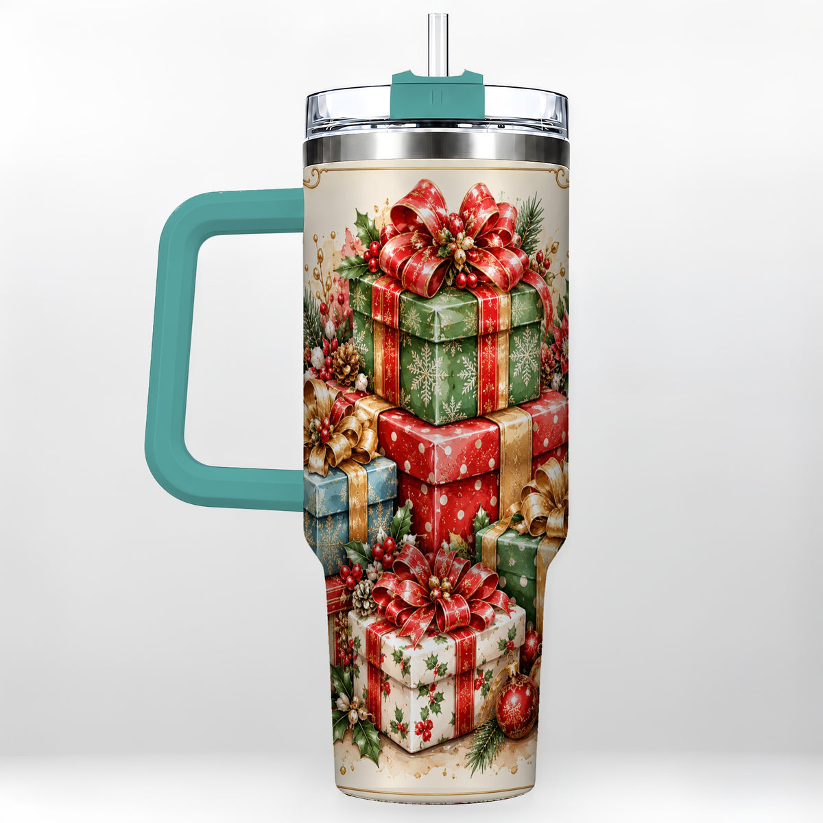 #pl[40oz|Green] Vintage Christmas Presents 40oz Tumbler with Handle, Holiday Drinkware