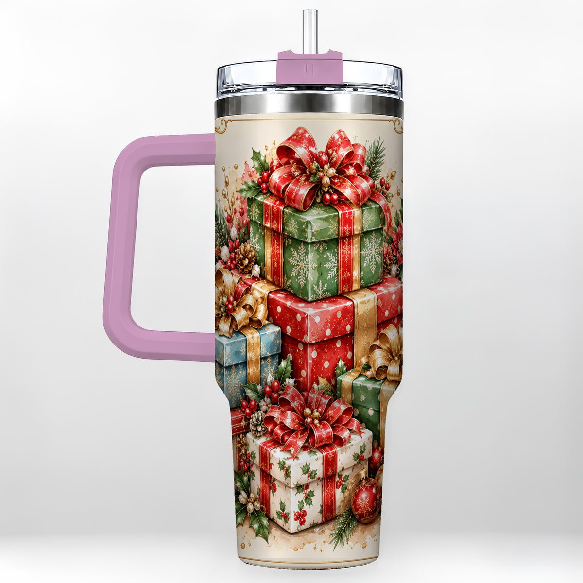 #pl[40oz|Pink] Vintage Christmas Presents 40oz Tumbler with Handle, Holiday Drinkware