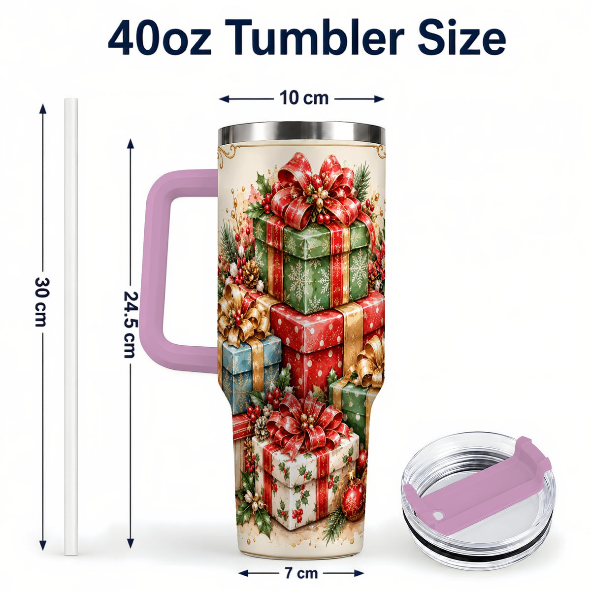 #pl[40oz|Pink] Vintage Christmas Presents 40oz Tumbler with Handle, Holiday Drinkware