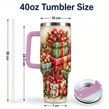 #pl[40oz|Pink] Vintage Christmas Presents 40oz Tumbler with Handle, Holiday Drinkware