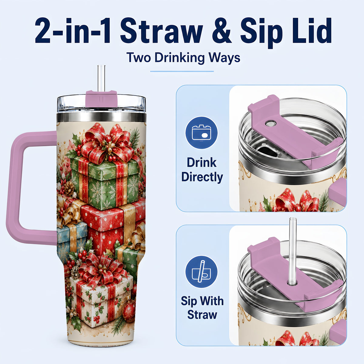 #pl[40oz|Pink] Vintage Christmas Presents 40oz Tumbler with Handle, Holiday Drinkware