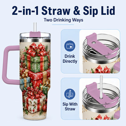 #pl[40oz|Pink] Vintage Christmas Presents 40oz Tumbler with Handle, Holiday Drinkware