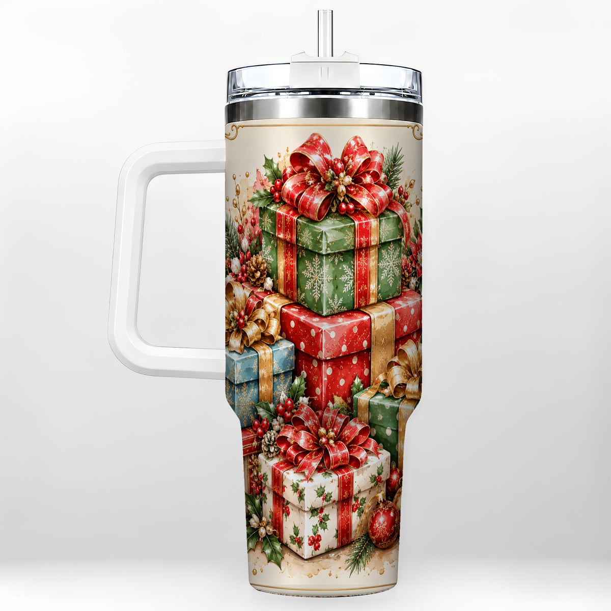 Vintage Christmas Presents 40oz Tumbler with Handle, Holiday Drinkware