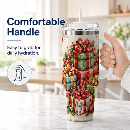 #pl[40oz|White] Vintage Christmas Presents 40oz Tumbler with Handle, Holiday Drinkware
