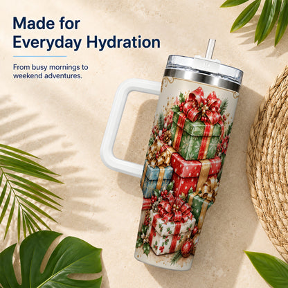 Vintage Christmas Presents 40oz Tumbler with Handle, Holiday Drinkware