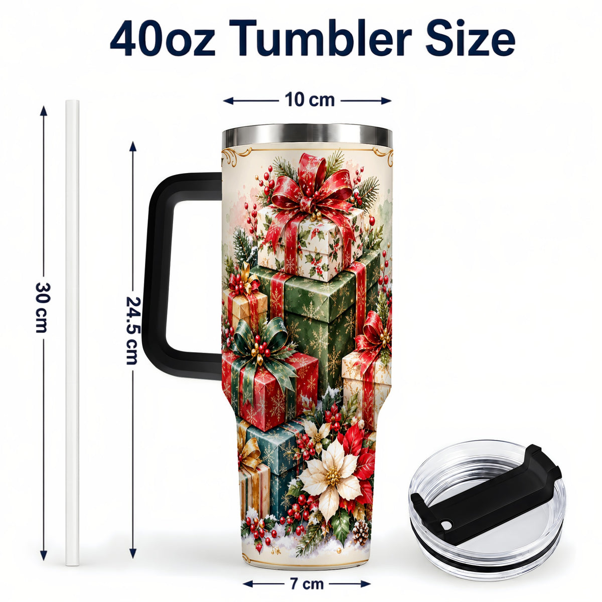 #pl[40oz|Black] Christmas Gift Boxes 40oz Tumbler with Handle, Festive Holiday Design