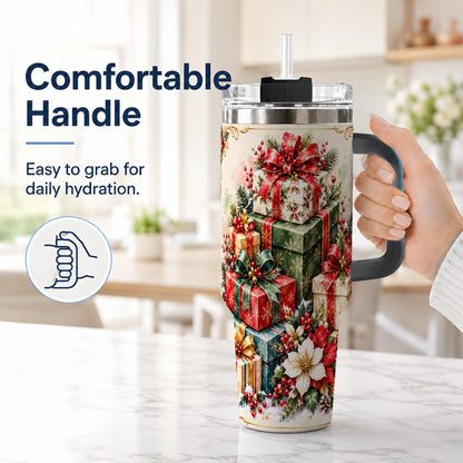 #pl[40oz|Black] Christmas Gift Boxes 40oz Tumbler with Handle, Festive Holiday Design