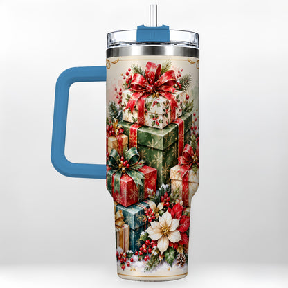 #pl[40oz|Blue] Christmas Gift Boxes 40oz Tumbler with Handle, Festive Holiday Design