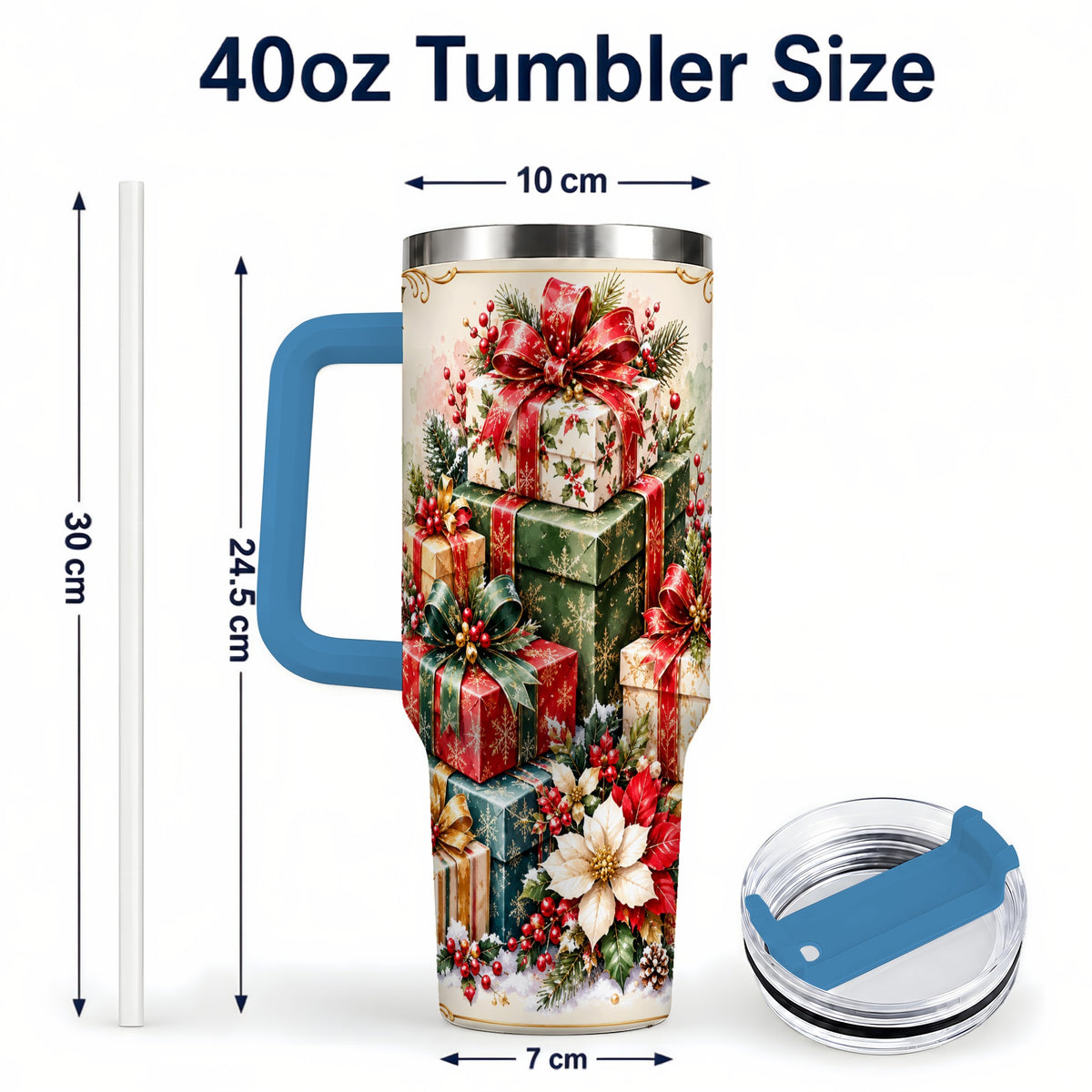 #pl[40oz|Blue] Christmas Gift Boxes 40oz Tumbler with Handle, Festive Holiday Design