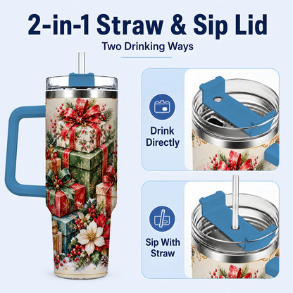 #pl[40oz|Blue] Christmas Gift Boxes 40oz Tumbler with Handle, Festive Holiday Design
