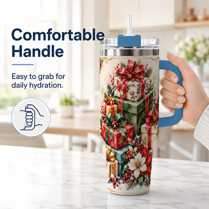 #pl[40oz|Blue] Christmas Gift Boxes 40oz Tumbler with Handle, Festive Holiday Design