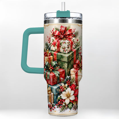 #pl[40oz|Green] Christmas Gift Boxes 40oz Tumbler with Handle, Festive Holiday Design