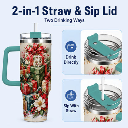 #pl[40oz|Green] Christmas Gift Boxes 40oz Tumbler with Handle, Festive Holiday Design