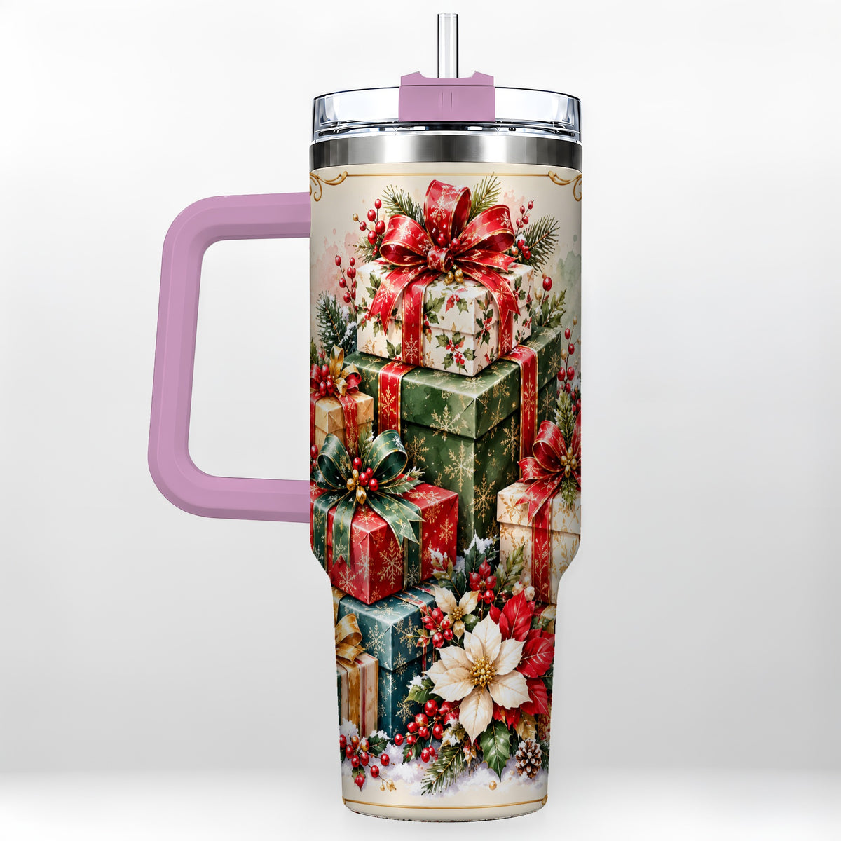 #pl[40oz|Pink] Christmas Gift Boxes 40oz Tumbler with Handle, Festive Holiday Design