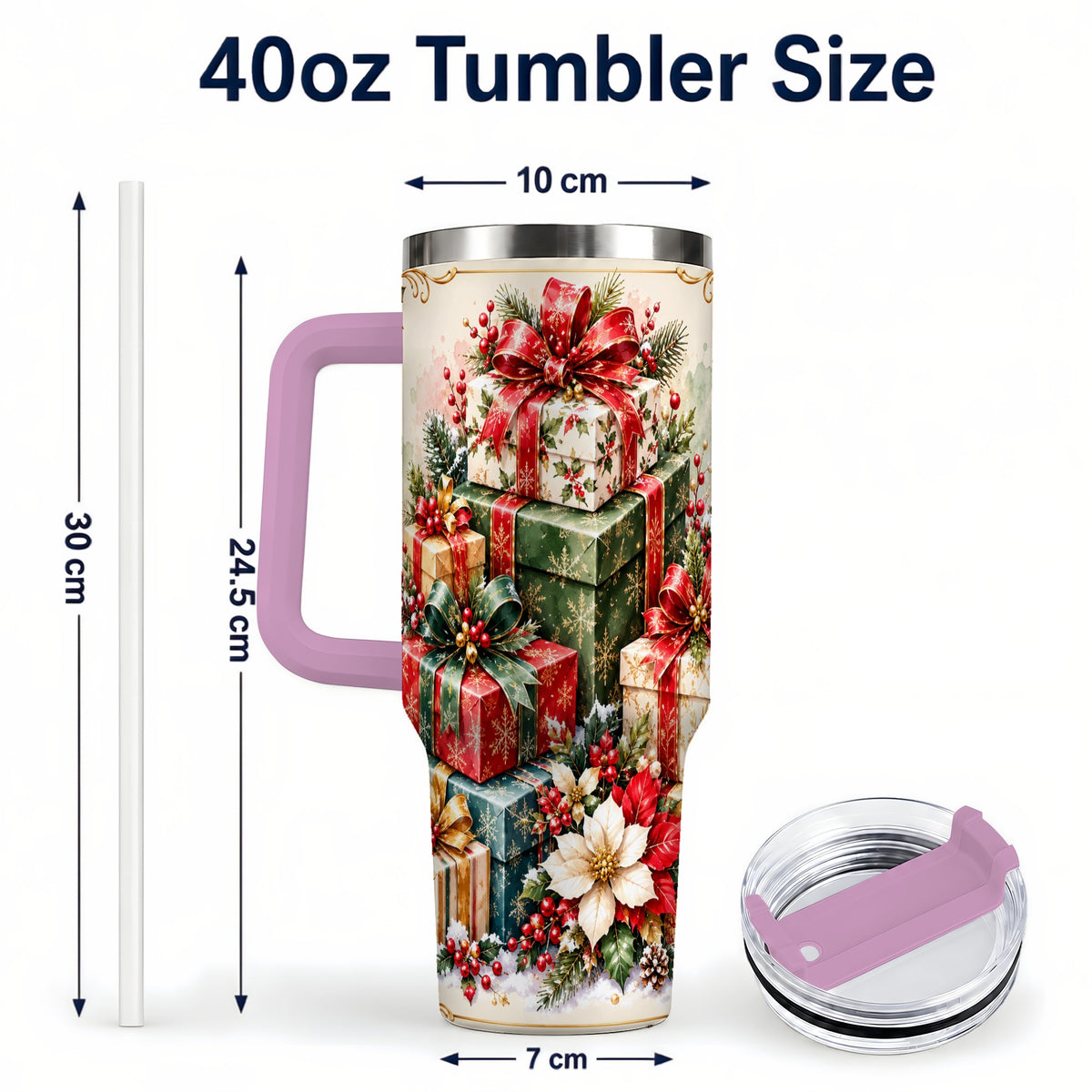 #pl[40oz|Pink] Christmas Gift Boxes 40oz Tumbler with Handle, Festive Holiday Design