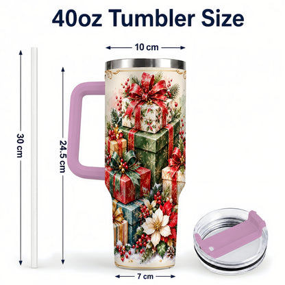 #pl[40oz|Pink] Christmas Gift Boxes 40oz Tumbler with Handle, Festive Holiday Design