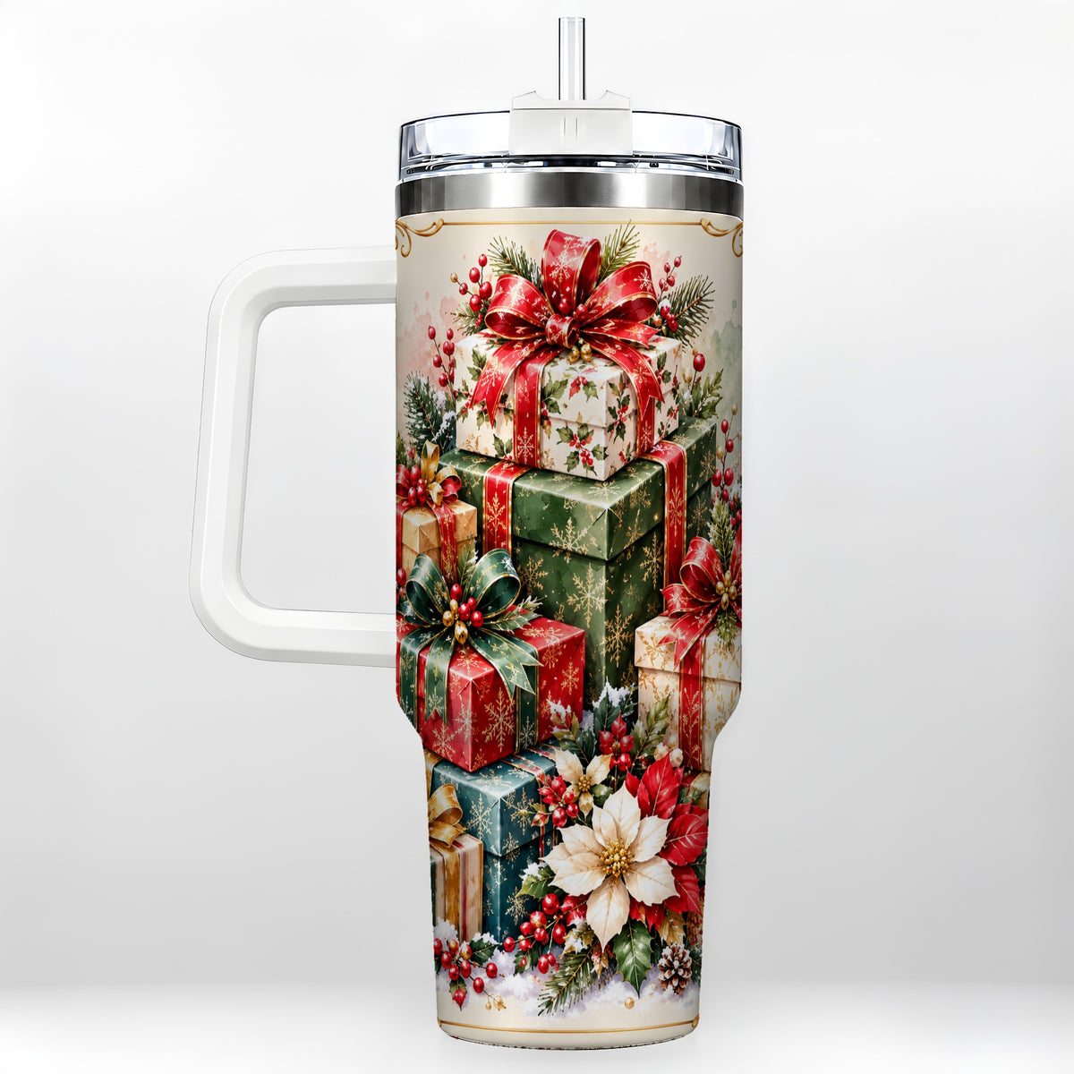 Christmas Gift Boxes 40oz Tumbler with Handle, Festive Holiday Design