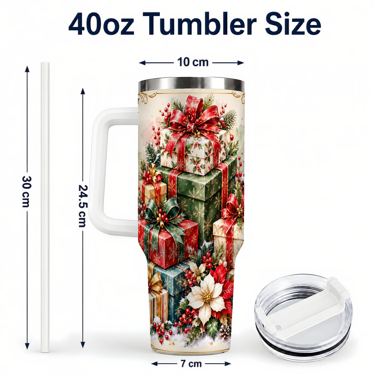#pl[40oz|White] Christmas Gift Boxes 40oz Tumbler with Handle, Festive Holiday Design