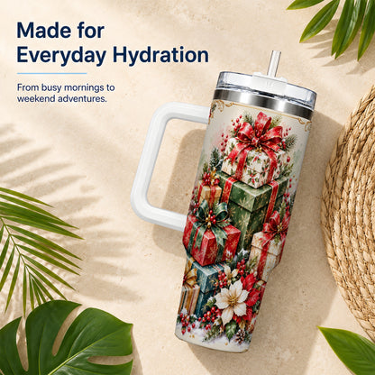 Christmas Gift Boxes 40oz Tumbler with Handle, Festive Holiday Design