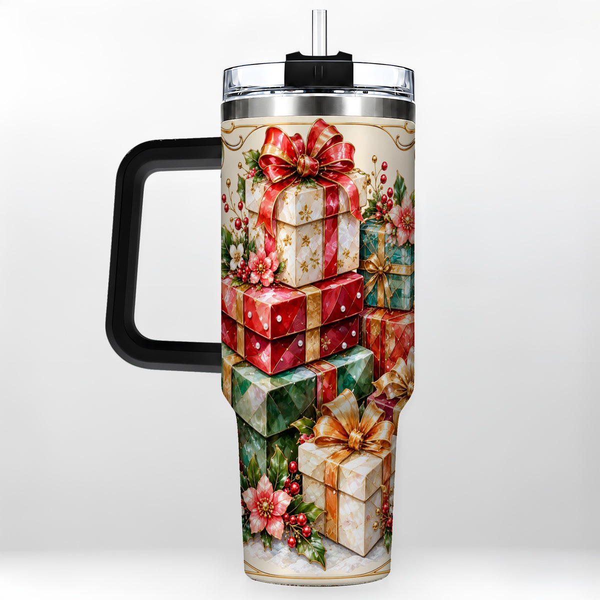#pl[40oz|Black] Jewel Style Christmas 40oz Tumbler with Handle, Festive Presents Design