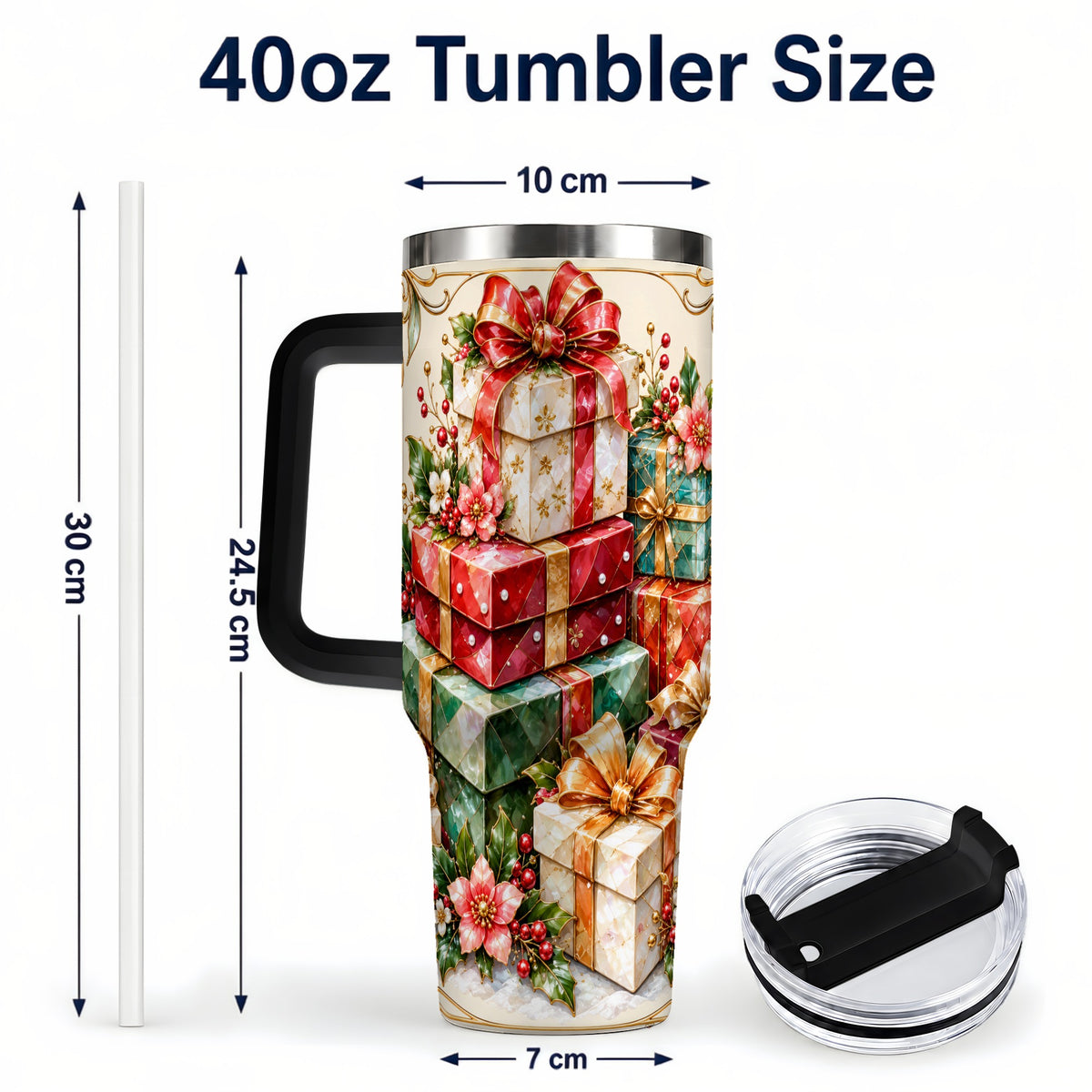 #pl[40oz|Black] Jewel Style Christmas 40oz Tumbler with Handle, Festive Presents Design