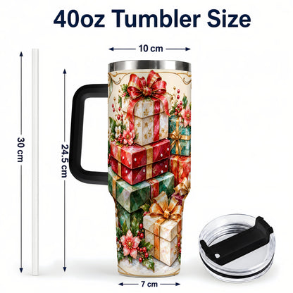 #pl[40oz|Black] Jewel Style Christmas 40oz Tumbler with Handle, Festive Presents Design