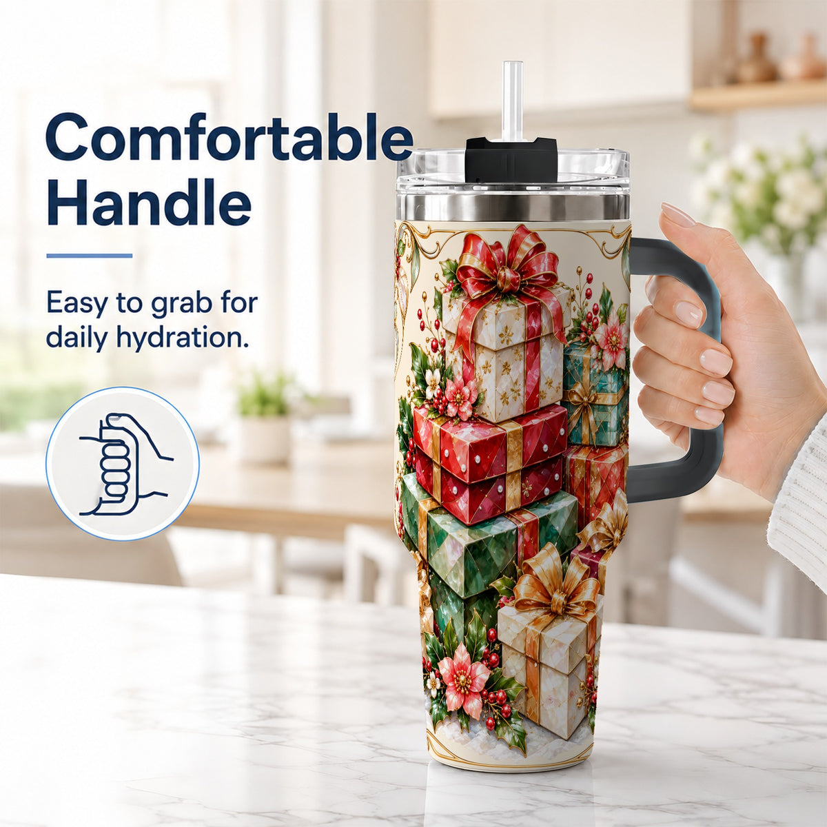 #pl[40oz|Black] Jewel Style Christmas 40oz Tumbler with Handle, Festive Presents Design