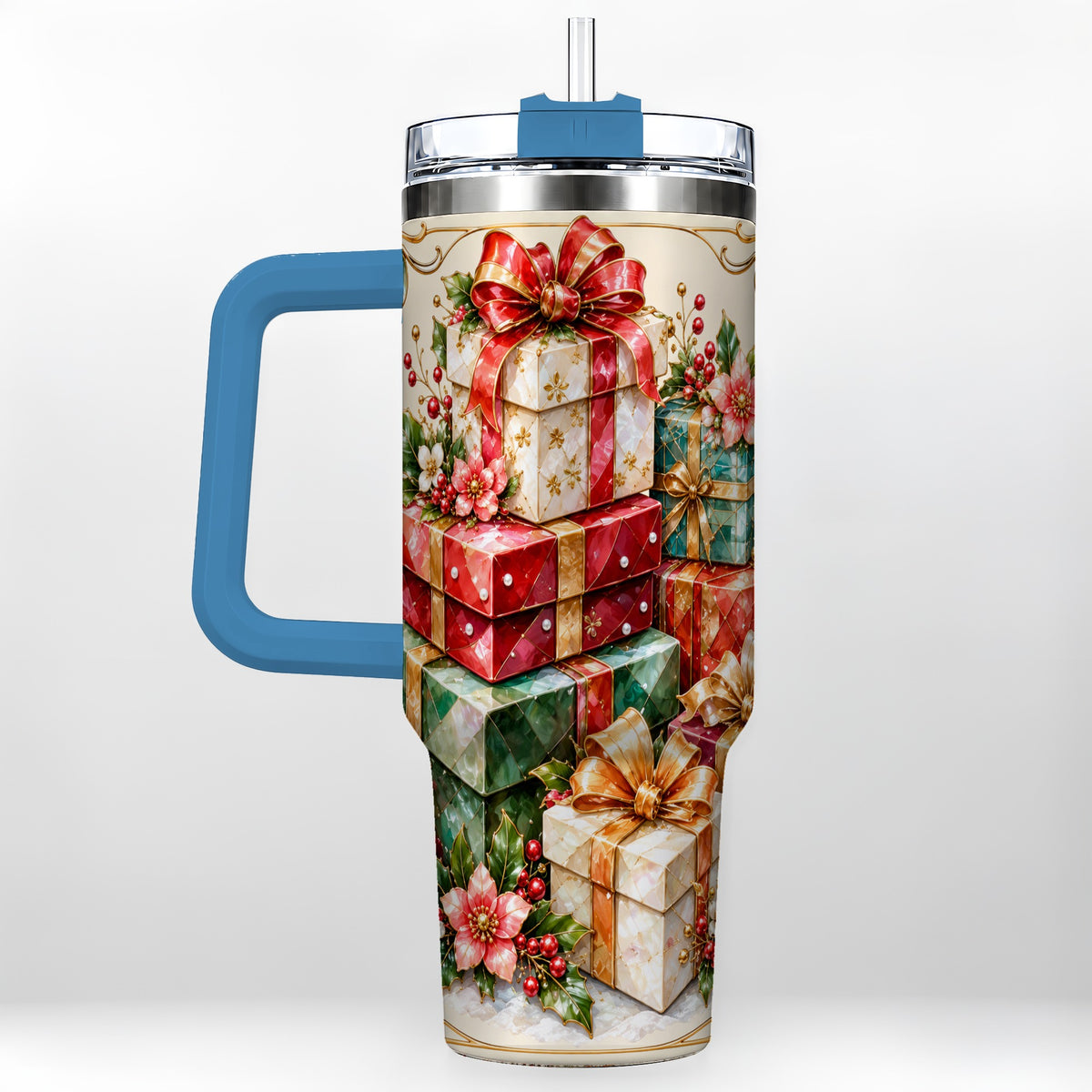 #pl[40oz|Blue] Jewel Style Christmas 40oz Tumbler with Handle, Festive Presents Design