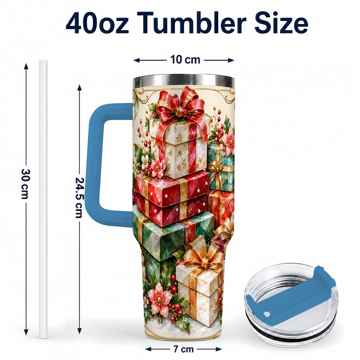 #pl[40oz|Blue] Jewel Style Christmas 40oz Tumbler with Handle, Festive Presents Design