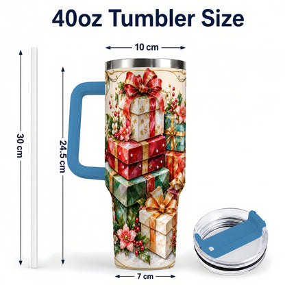 #pl[40oz|Blue] Jewel Style Christmas 40oz Tumbler with Handle, Festive Presents Design