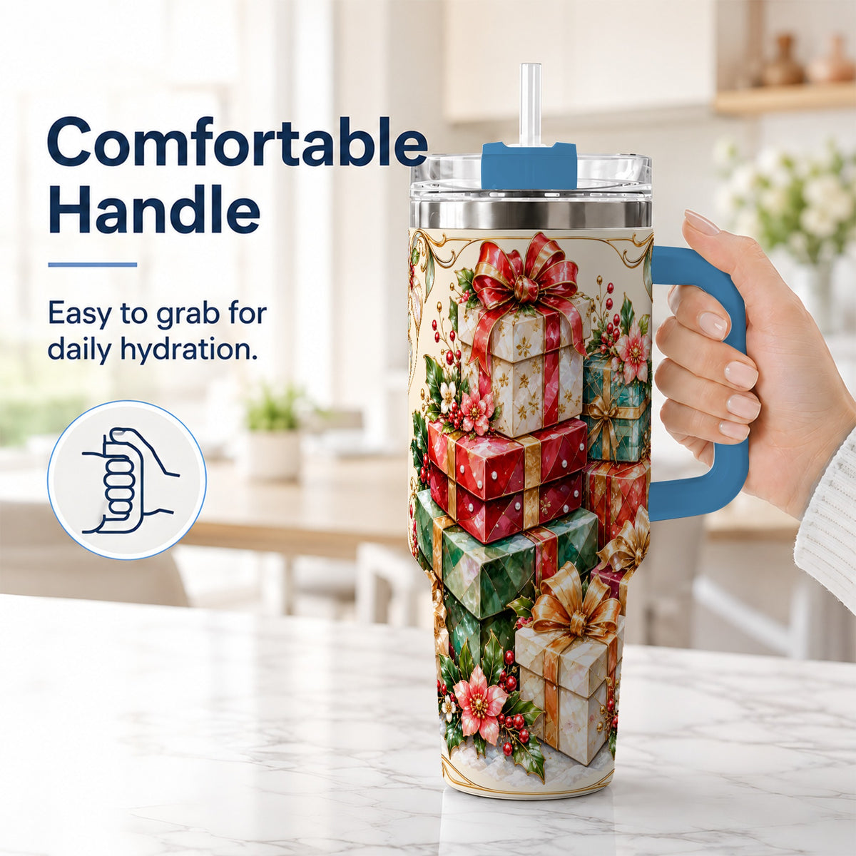 #pl[40oz|Blue] Jewel Style Christmas 40oz Tumbler with Handle, Festive Presents Design
