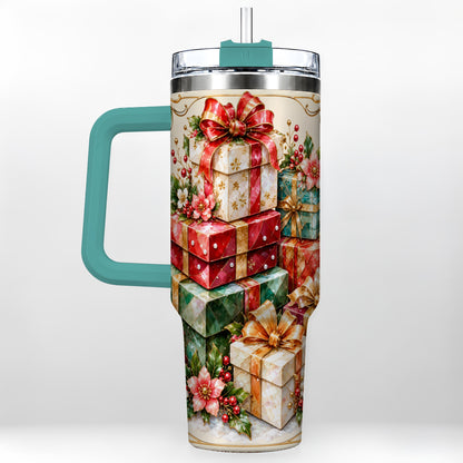 #pl[40oz|Green] Jewel Style Christmas 40oz Tumbler with Handle, Festive Presents Design