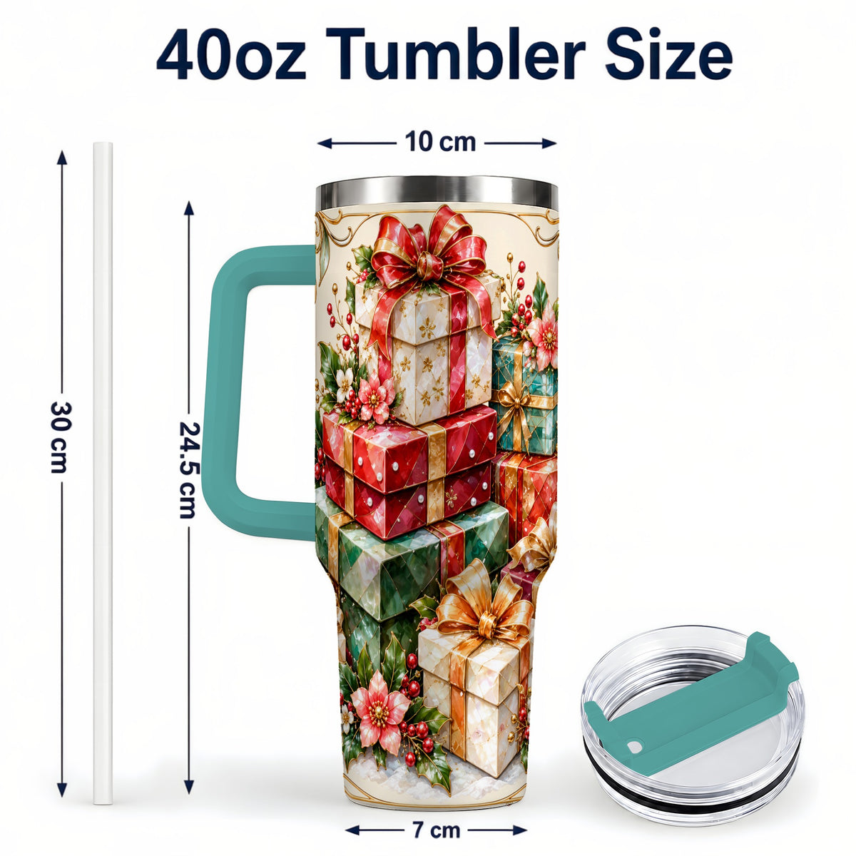 #pl[40oz|Green] Jewel Style Christmas 40oz Tumbler with Handle, Festive Presents Design