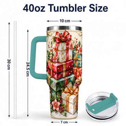 #pl[40oz|Green] Jewel Style Christmas 40oz Tumbler with Handle, Festive Presents Design