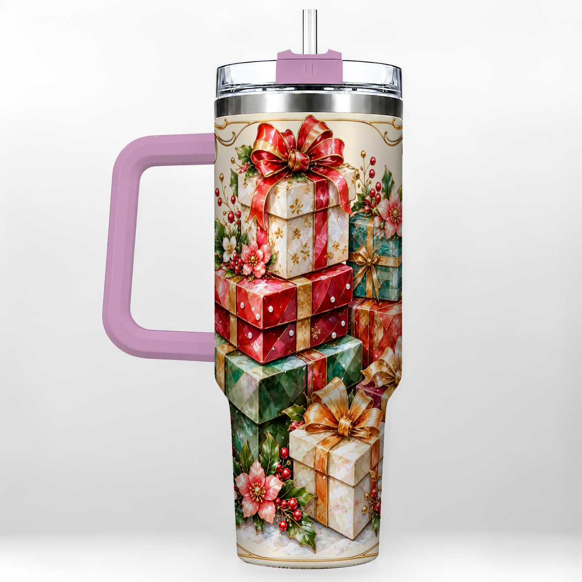 #pl[40oz|Pink] Jewel Style Christmas 40oz Tumbler with Handle, Festive Presents Design