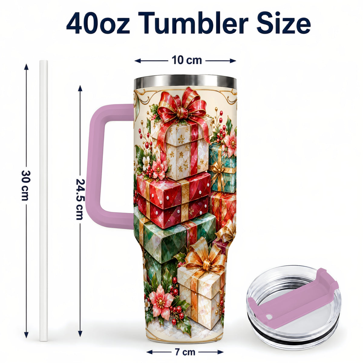 #pl[40oz|Pink] Jewel Style Christmas 40oz Tumbler with Handle, Festive Presents Design