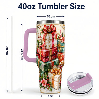 #pl[40oz|Pink] Jewel Style Christmas 40oz Tumbler with Handle, Festive Presents Design
