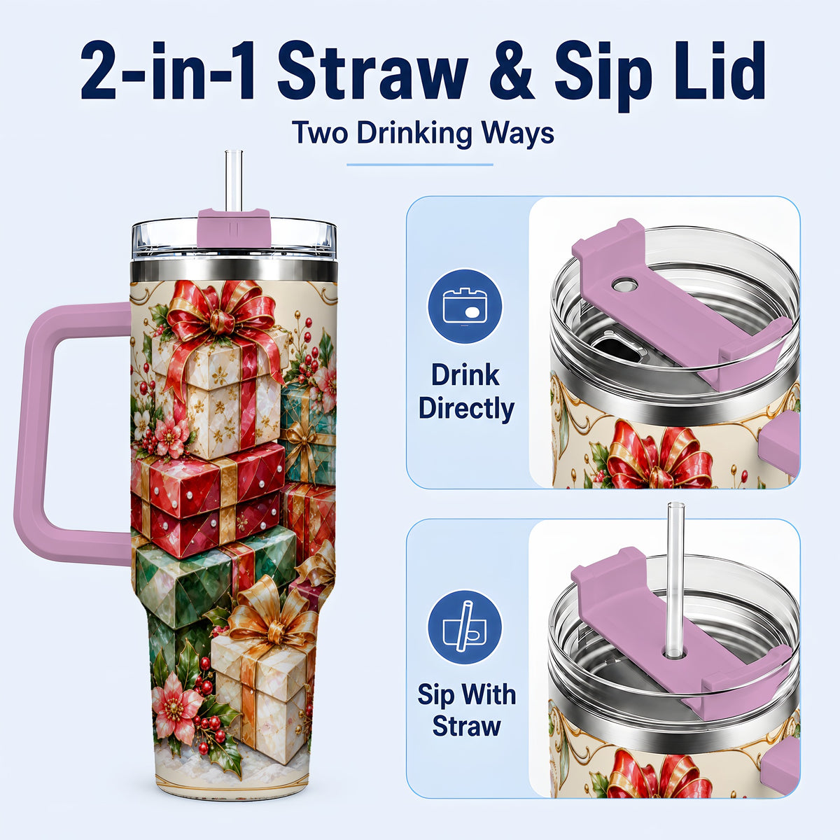 #pl[40oz|Pink] Jewel Style Christmas 40oz Tumbler with Handle, Festive Presents Design
