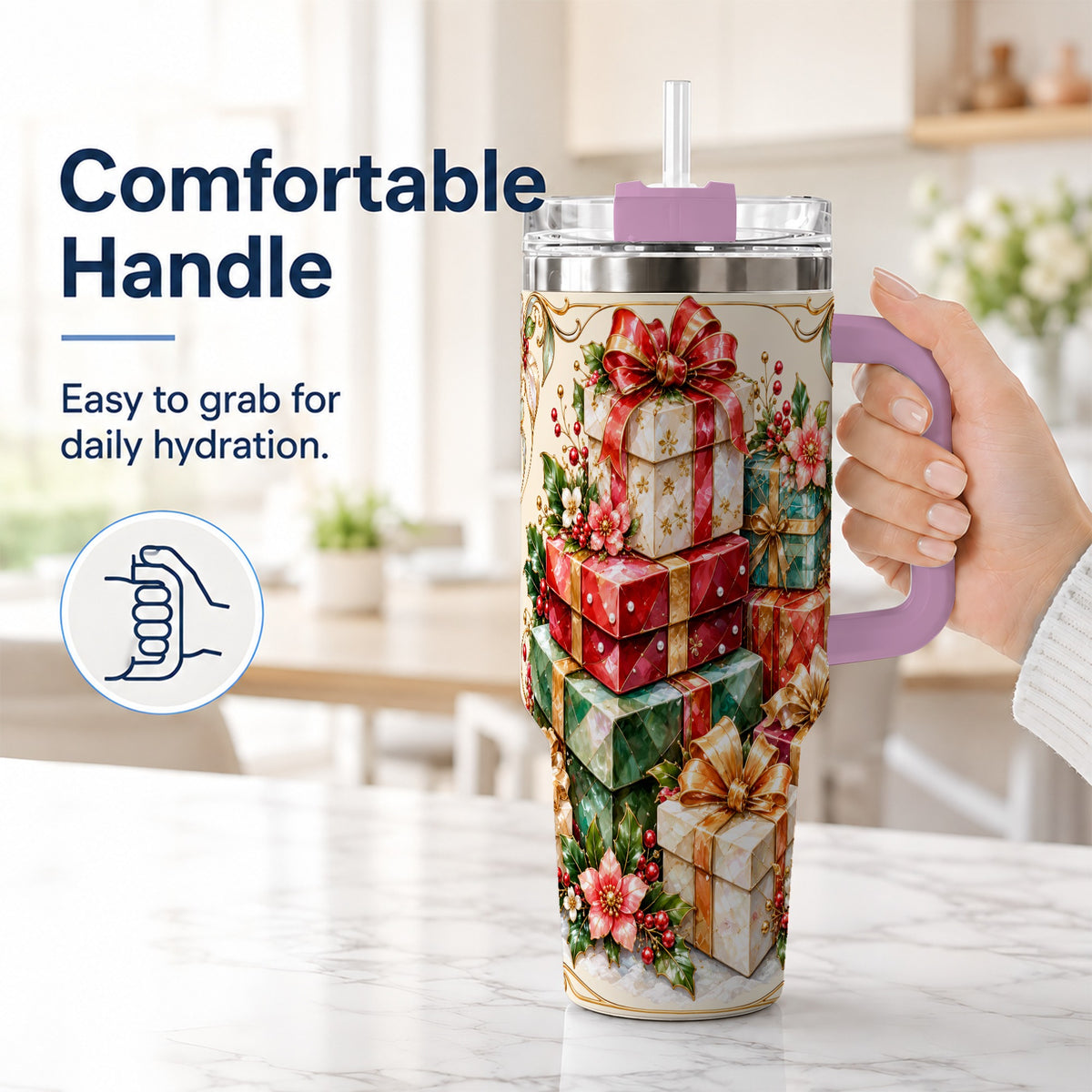 #pl[40oz|Pink] Jewel Style Christmas 40oz Tumbler with Handle, Festive Presents Design