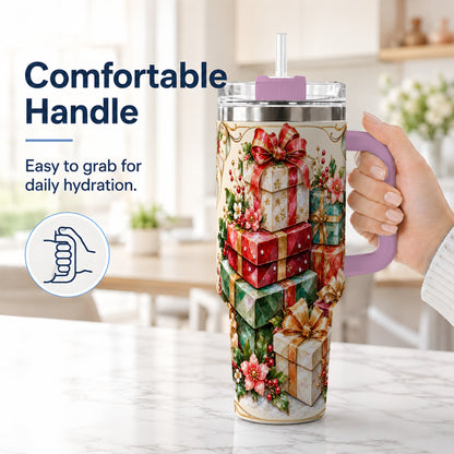 #pl[40oz|Pink] Jewel Style Christmas 40oz Tumbler with Handle, Festive Presents Design