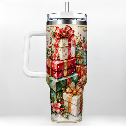 Jewel Style Christmas 40oz Tumbler with Handle, Festive Presents Design