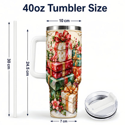#pl[40oz|White] Jewel Style Christmas 40oz Tumbler with Handle, Festive Presents Design