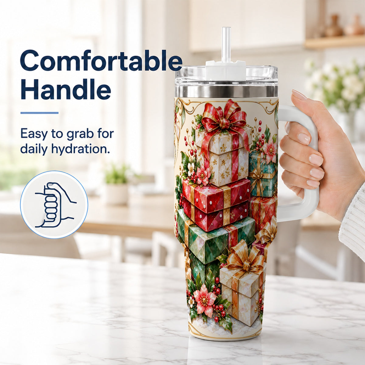 #pl[40oz|White] Jewel Style Christmas 40oz Tumbler with Handle, Festive Presents Design